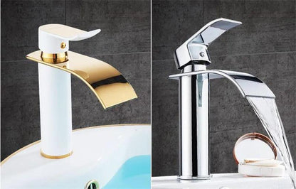 Basin Faucet Gold and white Waterfall Faucet Brass Bathroom Faucet Bathroom Basin Faucet Mixer Tap Hot and Cold Sink faucet - petguardiansupplies