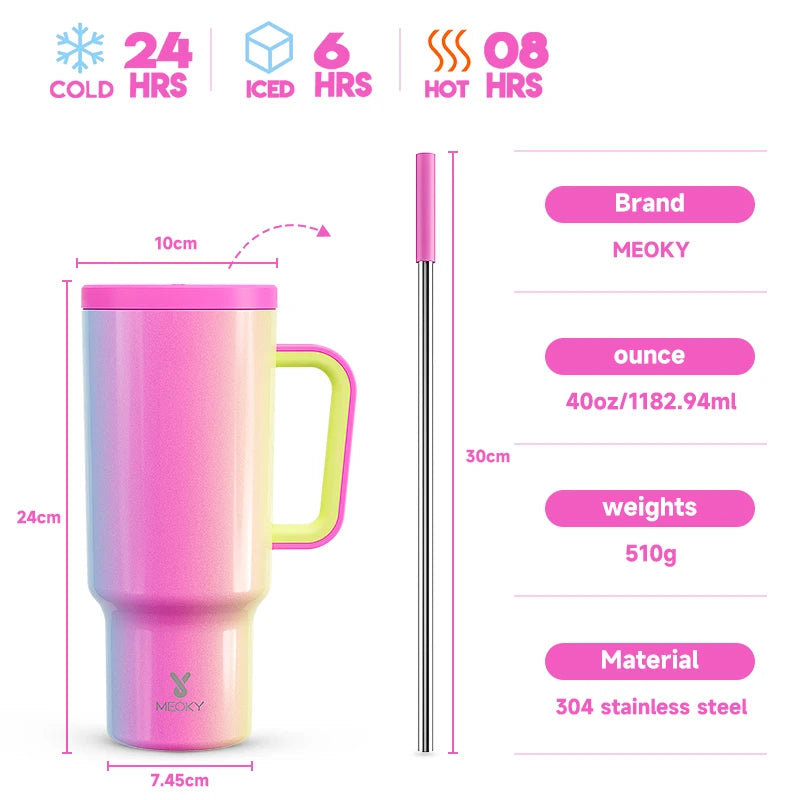 Meoky 40oz Tumbler Handle Straw Multiple Prints Stainless Steel Bottle Thermos Coffee Cup Portable Vacuum Insulated Car Mug Gift - petguardiansupplies