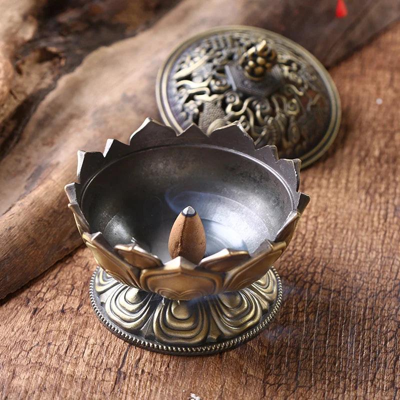 Lotus Flower Incense Burner Buddhism Buddha Holder Brass Mini Sandalwood Censer Incense Metal Craft Home Decoration - petguardiansupplies