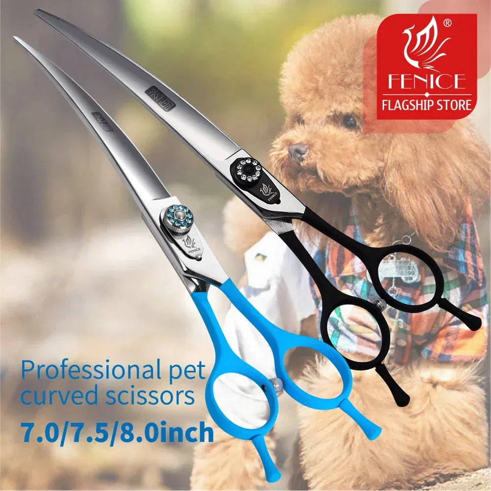 Fenice 7.0 7.5 8.0 Inch Professional Black Grooming Scissors Curved Shear for Teddy/Pomeranian Dogs Pet Grooming Tools JP 440C - petguardiansupplies