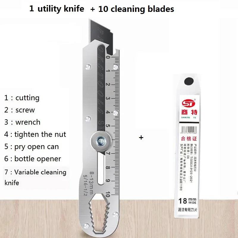 New 10 in 1 Knife Variable Cleaning Shovel нож канцелярия 칼 Stainless Steel Stationery Utility Knife Cutter Bottle Opener Wrench - petguardiansupplies