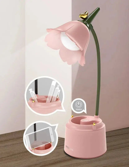 Cute Desk Lamp Rechargeable LED Night Light Table Lamp for Bedroom Flowers Reading Light with Pen Holder 3 Color Modes & Dimming - petguardiansupplies