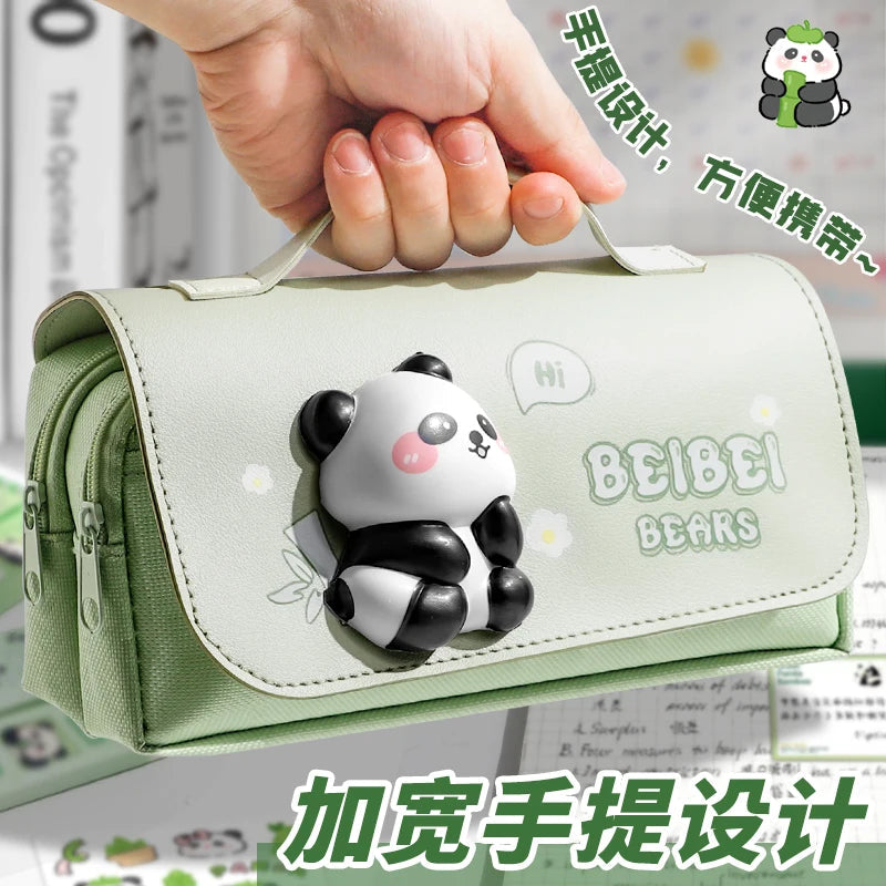 Green Panda Pencil Bag Large Capacity Stationery Pen Case Bear Dog Cat Handle Storage School Supplies Gift Box PU Ruler Holder A - petguardiansupplies