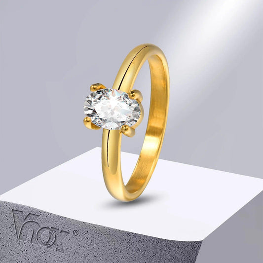 Vnox Exquisite Sparkling Cubic Zircon Engagement Rings for Women, Gold Color Stainless Steel Wedding Band Finger Gift Jewelry - petguardiansupplies