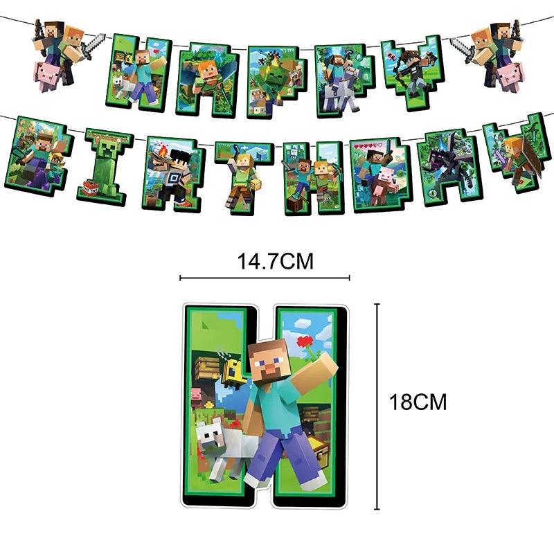 Miner Crafting Birthday Party Decoration Disposable Tableware Foil Balloon Banner Backdrop Cartoon Minecraft Game Theme Decor - petguardiansupplies