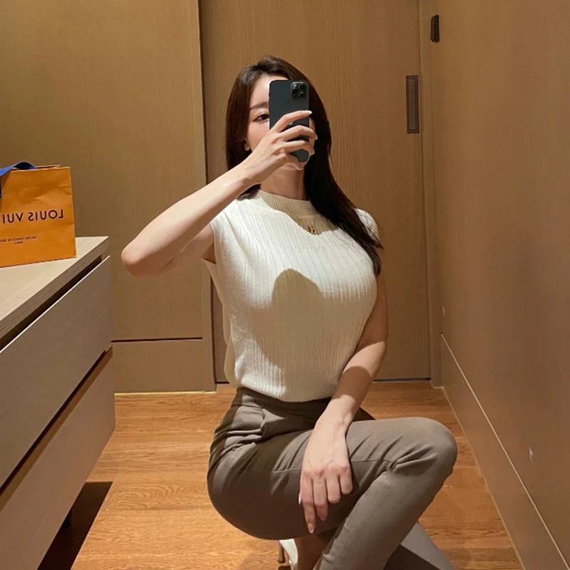 In Stock South korea Comfortable Fashion Summer New Lady Feeling Full of Sleeveless Slim fit Sexy Thread Knit vest Women - petguardiansupplies