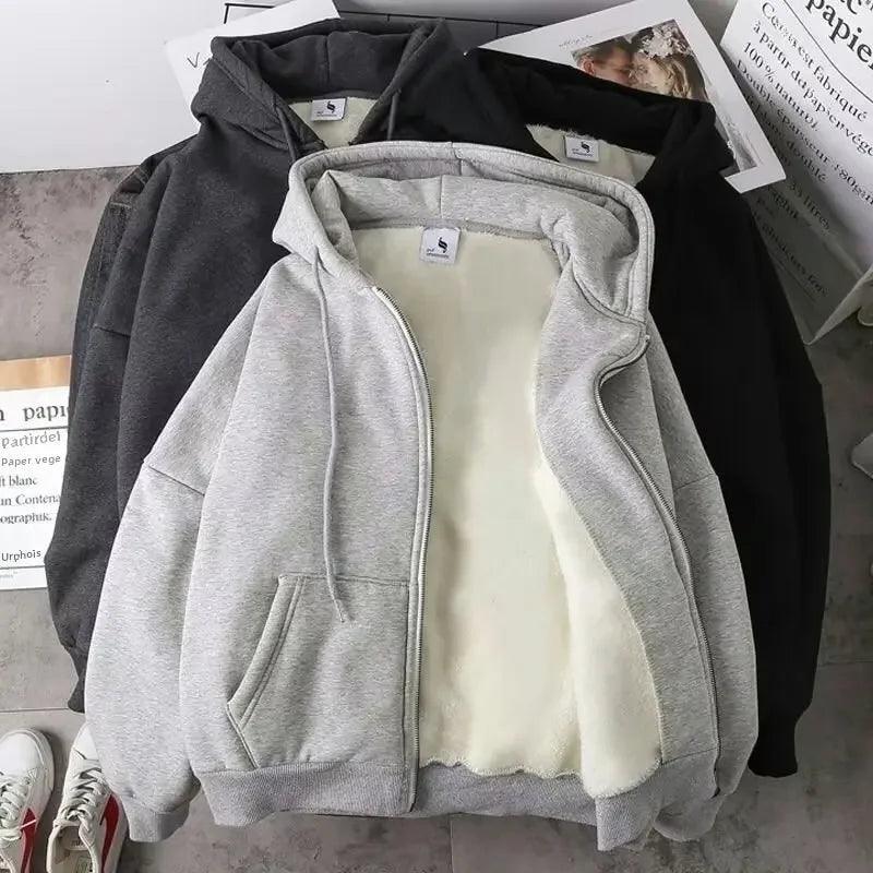 Fleece-lined Thickened Sweatshirt Hooded Zip-up Warm Top Loose-fit Autumn/winter Cardigan Jacket For Men Women Couples - petguardiansupplies