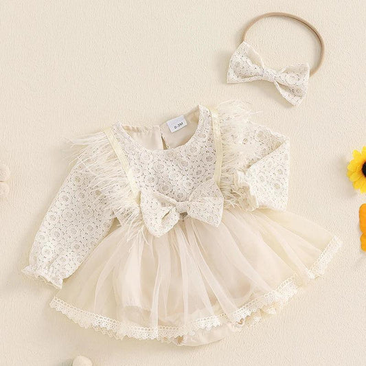 FOCUSNOR 0-18M Princess Baby Girl Fall Romper Dress Long Sleeve Flowers Embroidery Lace Tulle Jumpsuits with Headband - petguardiansupplies