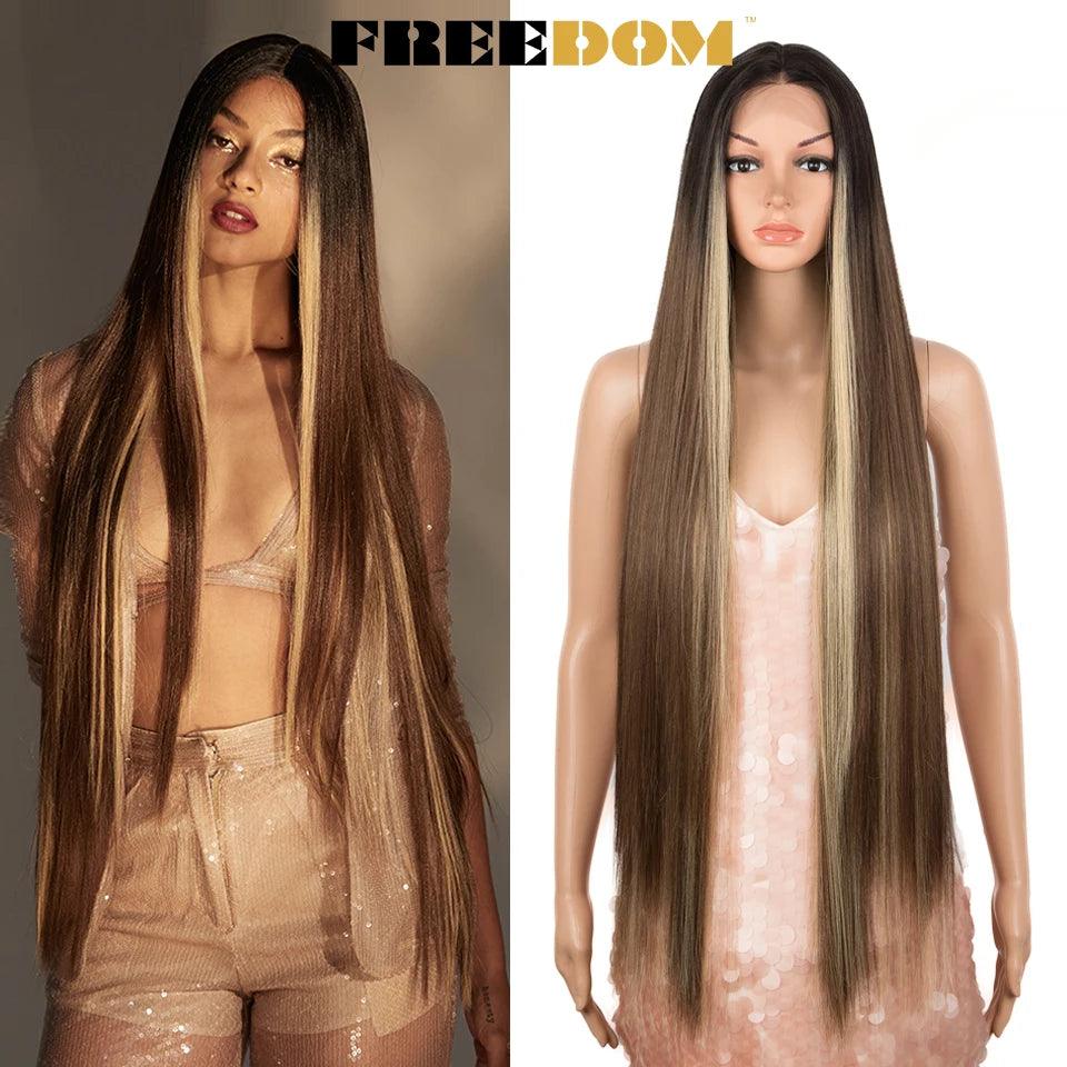 FREEDOM Synthetic Lace Front Wigs For Women Super Long 38Inch Ombre Blonde Highlight Ginger Straight Lace Wigs Cosplay Wigs - petguardiansupplies