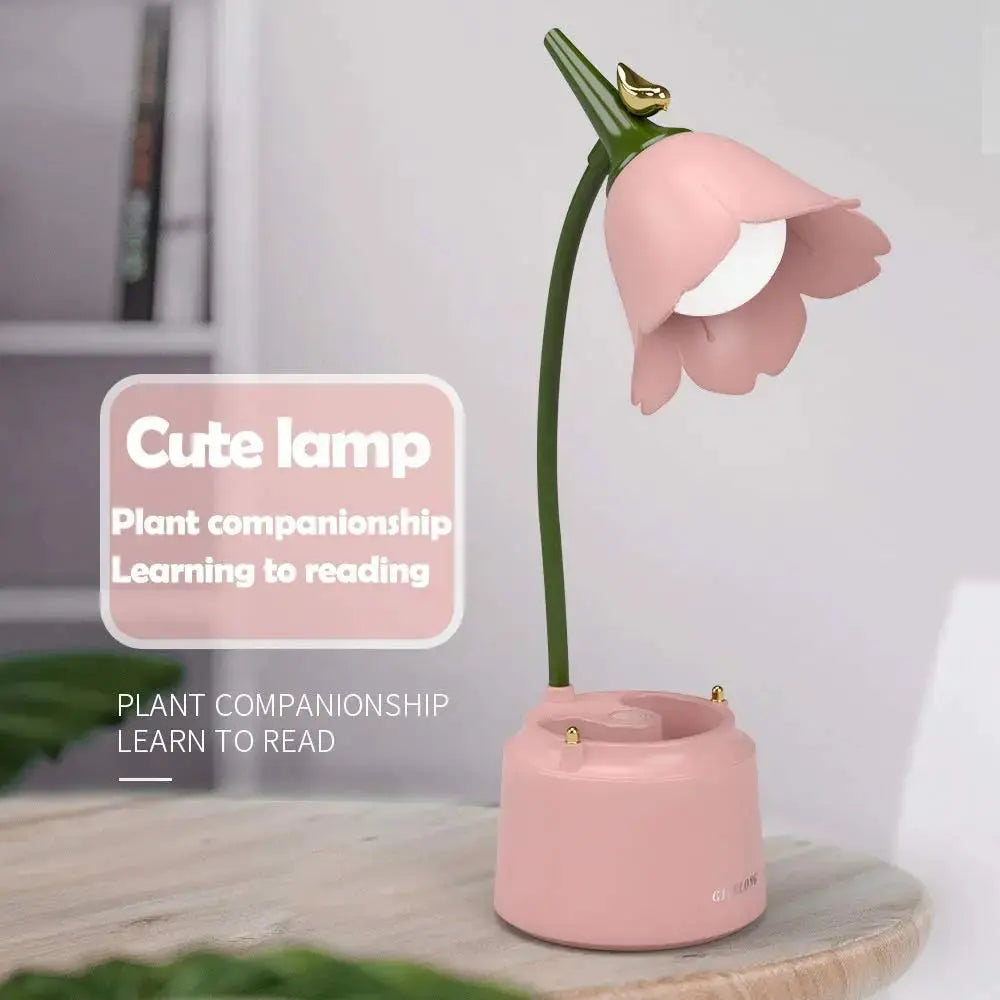 Cute Desk Lamp Rechargeable LED Night Light Table Lamp for Bedroom Flowers Reading Light with Pen Holder 3 Color Modes & Dimming - petguardiansupplies