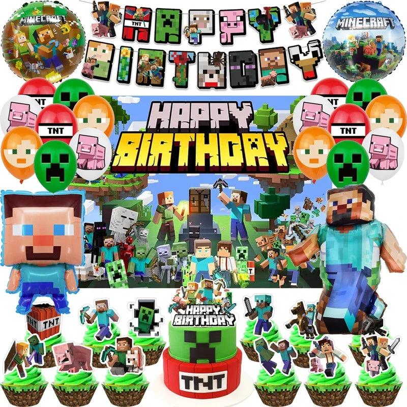 Miner Crafting Birthday Party Decoration Disposable Tableware Foil Balloon Banner Backdrop Cartoon Minecraft Game Theme Decor - petguardiansupplies