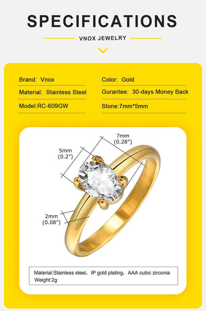 Vnox Exquisite Sparkling Cubic Zircon Engagement Rings for Women, Gold Color Stainless Steel Wedding Band Finger Gift Jewelry - petguardiansupplies