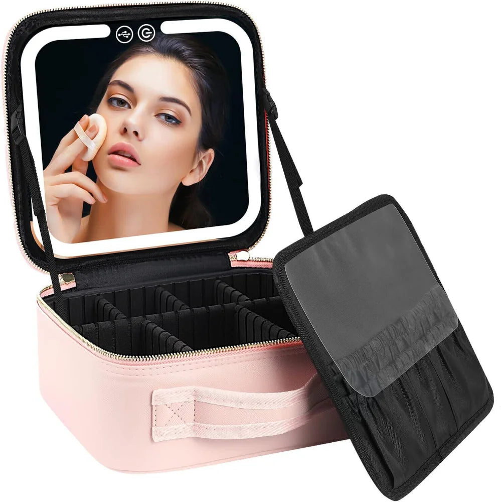 Makeup Bag With LED Mirror Vanity Case Beauty Box Make Up Travel Cosmetic Bag~UK - petguardiansupplies