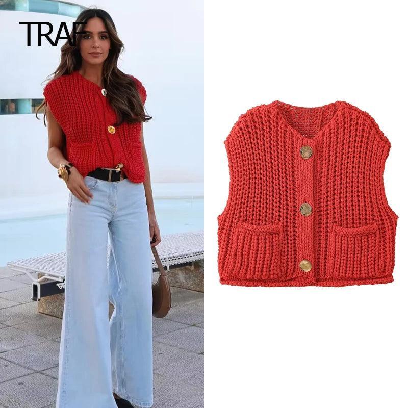 TRAF Red Vest Women's Vest Spring 2024 O-Neck Knitted Sleeveless Sweater New In Knitwears Korean Style Vest Luxury Brand Sweater - petguardiansupplies