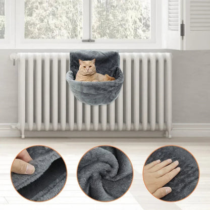 Cat Radiator Bed, Hammock Hanging Pet Bed,Heated Calming Fluffy Cradle for Pet,Cat Shelf Warm Cozy Plush Nap Mat with Wire Frame - petguardiansupplies