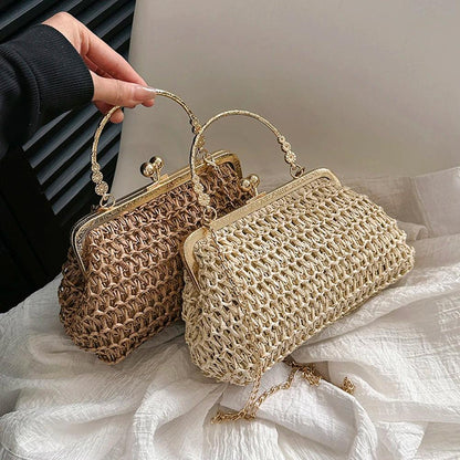 Summer Beach Straw Bags Exquisite Gold Chain Party Banquet Purse Hand Woven Handbag Female Clutch Bag Shoulder Crossbody Bags - petguardiansupplies