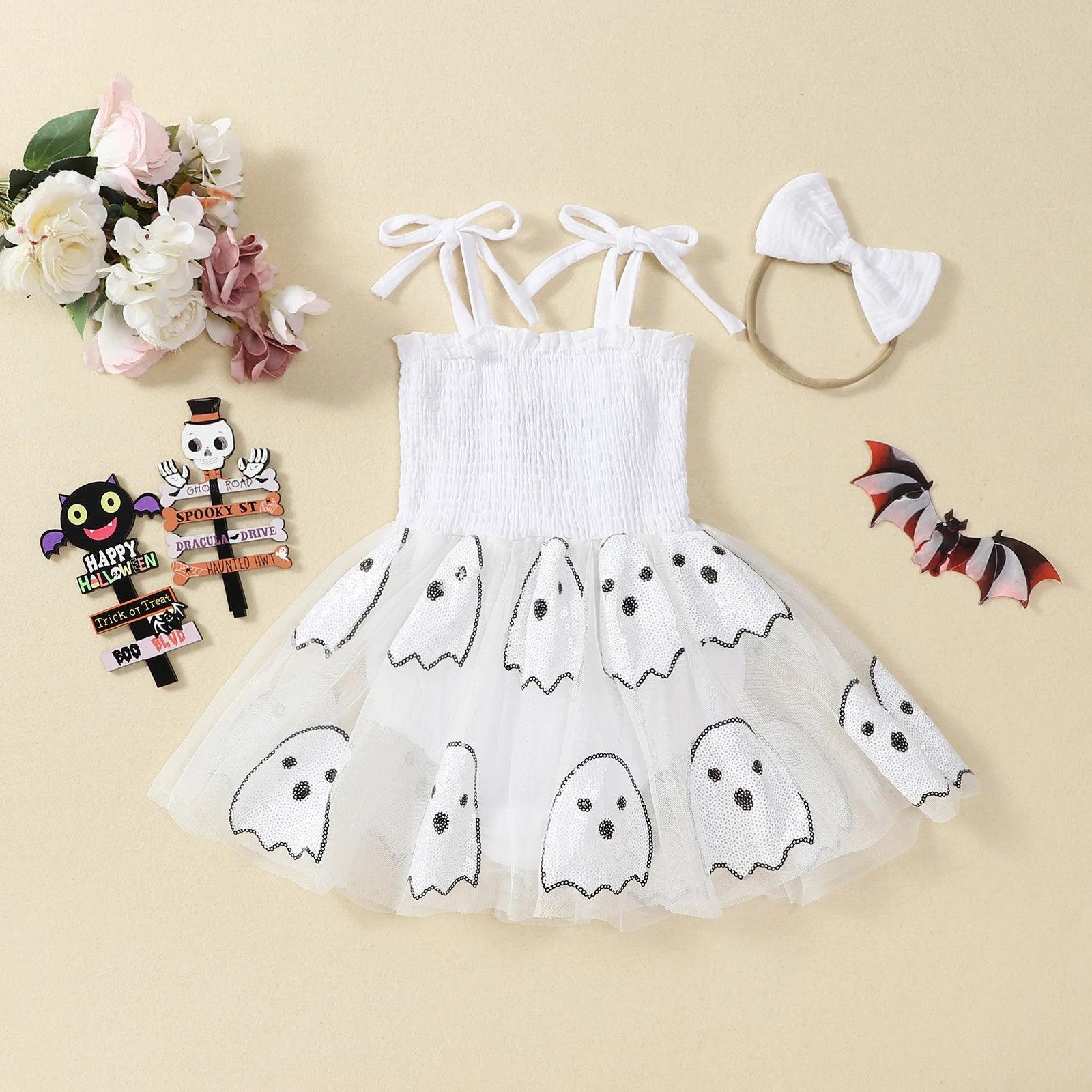 FOCUSNORM 0-24M Lovely Baby Girls Halloween Romper Dress Letter Embroidery Ghost Sequin Tie Spaghetti Strap Jumpsuit Headband - petguardiansupplies