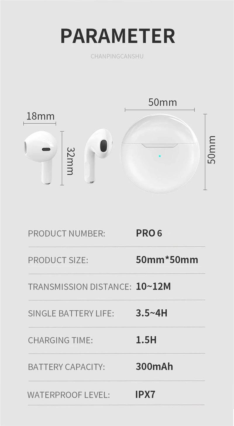 NEW Original Air Pro 6 TWS Wireless Headphones Fone Bluetooth Earphones Mic Pods In Ear Earbuds Earbuds sport Headset For Xiaomi - petguardiansupplies