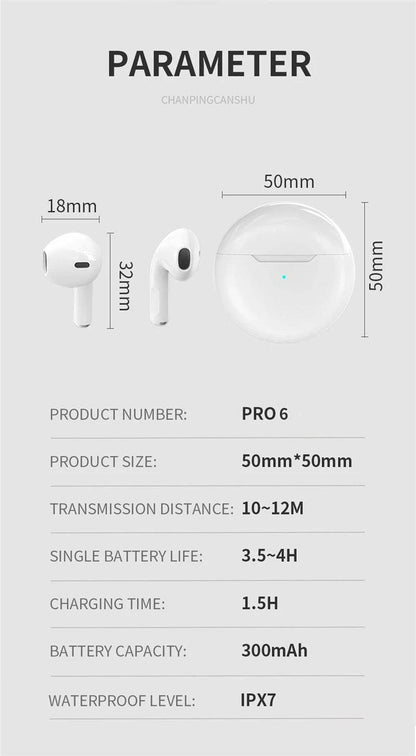 NEW Original Air Pro 6 TWS Wireless Headphones Fone Bluetooth Earphones Mic Pods In Ear Earbuds Earbuds sport Headset For Xiaomi - petguardiansupplies