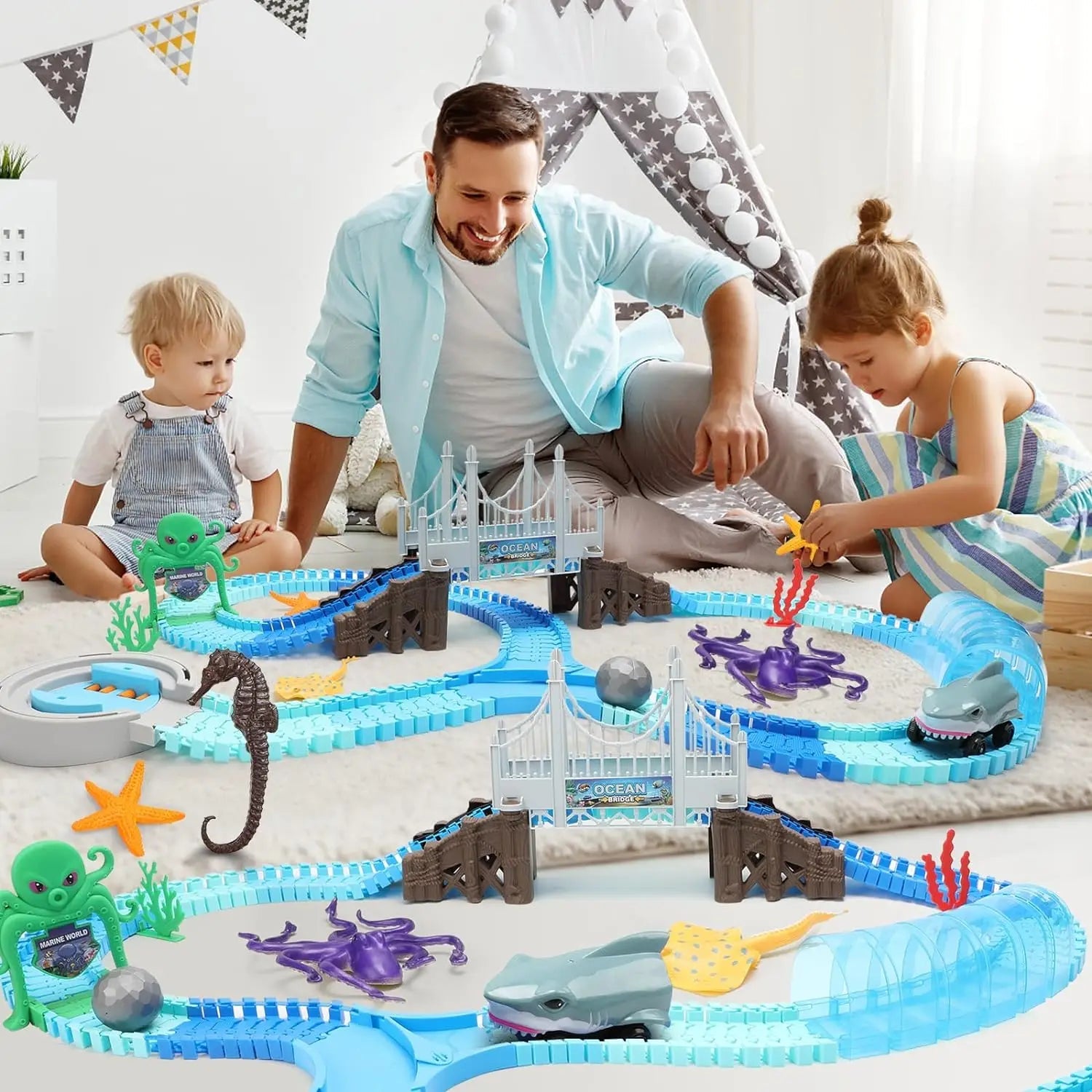 VATOS Track Toys Shark Race Car Toy for Boys Girls Age 3+ Bendable Flexible Racetrack Cars Ocean Train Toy STEM Educate Kid Set - petguardiansupplies