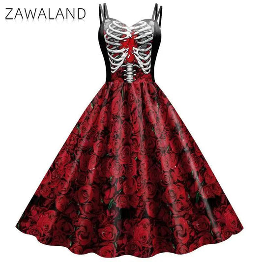 Zawaland Halloween Fancy Skeleton Rose Print Women Dress Girl Carnival Party Dresses Female Goth Horror Costume Rockabilly Dress - petguardiansupplies