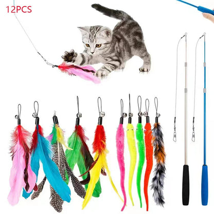 12Pcs Kitten Cat Toy Feather Bell Wand Teaser Rod Interactive Play Pet Toys Gift - petguardiansupplies