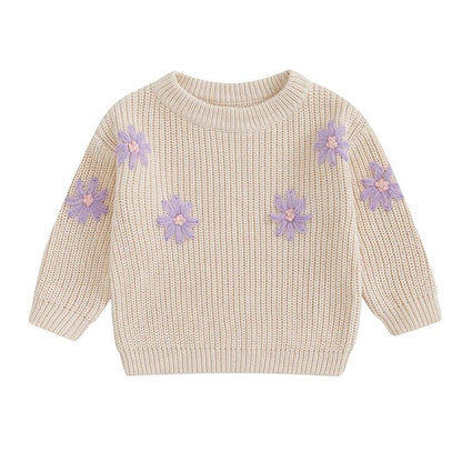 FOCUSNORM 0-3Y Autumn Winter Baby Girls Sweater Flower Embroidery Crew Neck Long Sleeve Kids Pullovers Fall Tops - petguardiansupplies