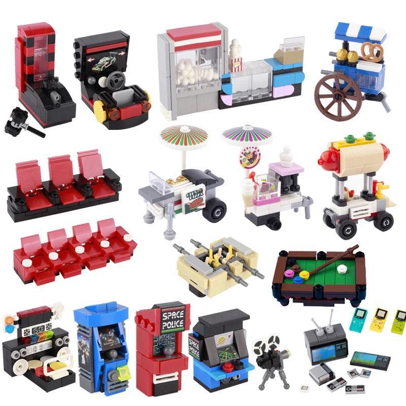 MOC City Street View Cinema Building Blocks Game Console Movie TV Furniture Popcorn Food Figures ski Accessories Brick Toy Gifts - petguardiansupplies