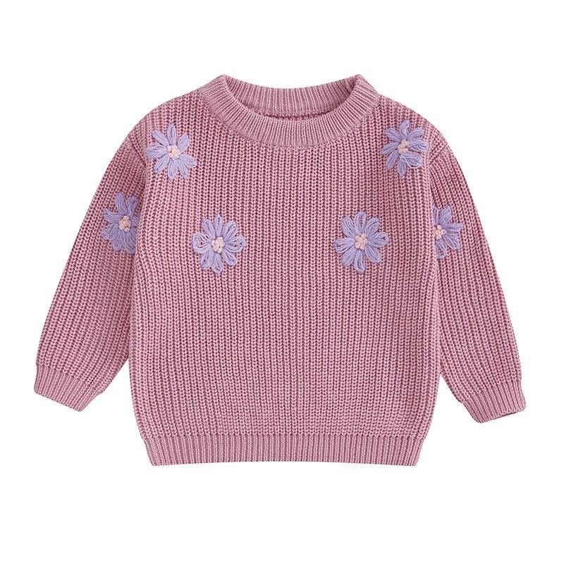 FOCUSNORM 0-3Y Autumn Winter Baby Girls Sweater Flower Embroidery Crew Neck Long Sleeve Kids Pullovers Fall Tops - petguardiansupplies