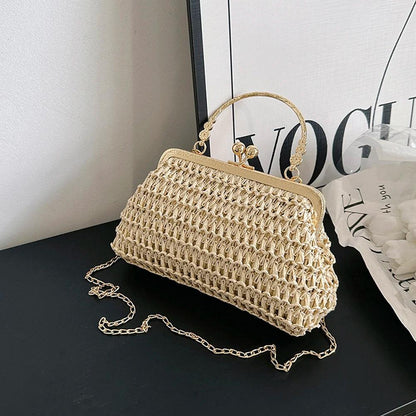 Summer Beach Straw Bags Exquisite Gold Chain Party Banquet Purse Hand Woven Handbag Female Clutch Bag Shoulder Crossbody Bags - petguardiansupplies