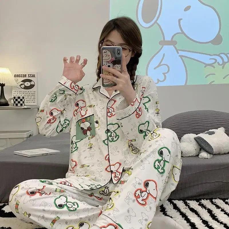 MINISO Kawaii Snoopy Anime Cartoon Cute Printed Pajamas Spring and Autumn Long sleeved Home Furnishing Two Piece Set - petguardiansupplies