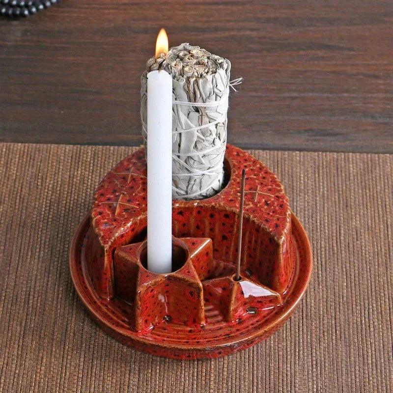 4-In-1 Ceramic Candle & Incense Holder Morandi Color with Cute Stars and Moon Design Perfect for Sage Palo Santo Stick Incense - petguardiansupplies