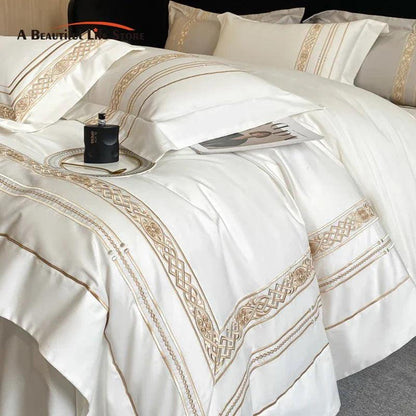 100% Egyptian Cotton Luxury Gold Embroidery Hotel Style Bedding White Grey Duvet Cover Set Fitted Sheet Bed Sheet Pillowcases - petguardiansupplies