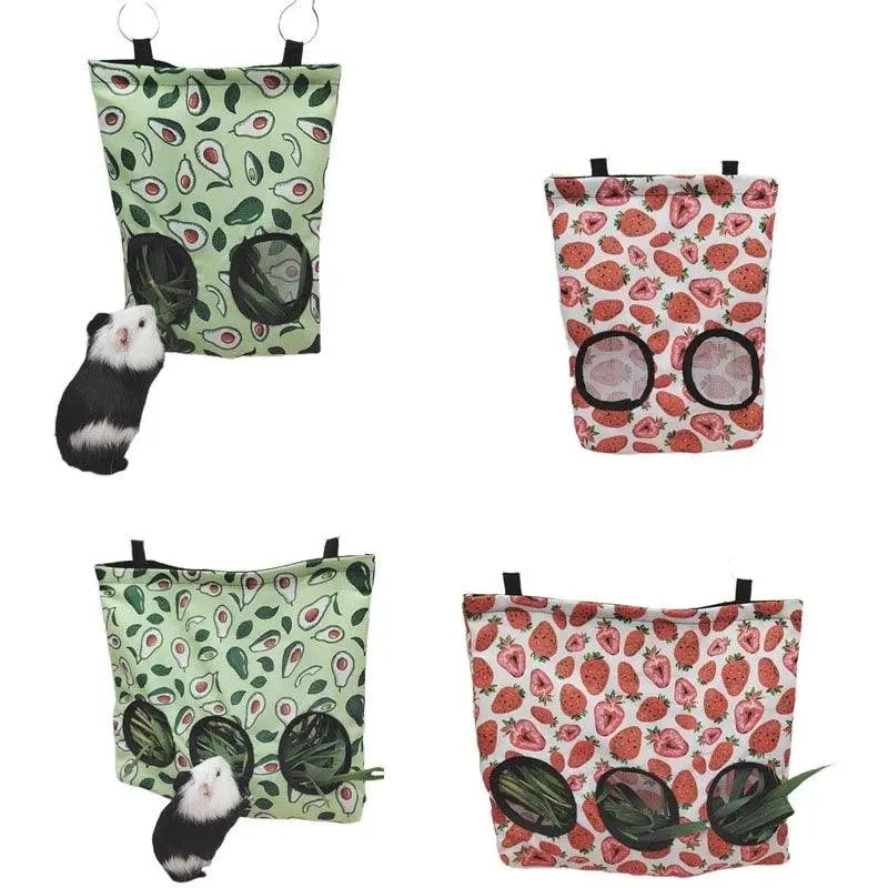 Guinea Pigs 2/3 Holes Hay Feeding Bags Strawberry Printed Rabbit Hanging Feeder Chinchilla Food Organizer Pet Cage Supplies - petguardiansupplies