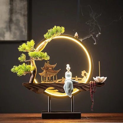 USB Light Ring Ornament LED Light Reflux Incense Burner Simulation Tree Ceramic Lotus Buddha Bead Home and Office Decoration - petguardiansupplies