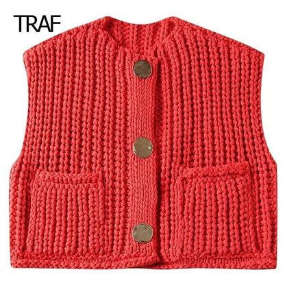 TRAF Red Vest Women's Vest Spring 2024 O-Neck Knitted Sleeveless Sweater New In Knitwears Korean Style Vest Luxury Brand Sweater - petguardiansupplies