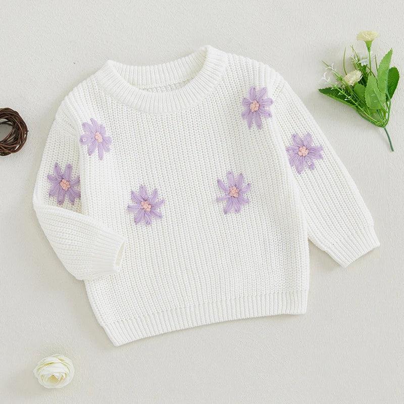 FOCUSNORM 0-3Y Autumn Winter Baby Girls Sweater Flower Embroidery Crew Neck Long Sleeve Kids Pullovers Fall Tops - petguardiansupplies