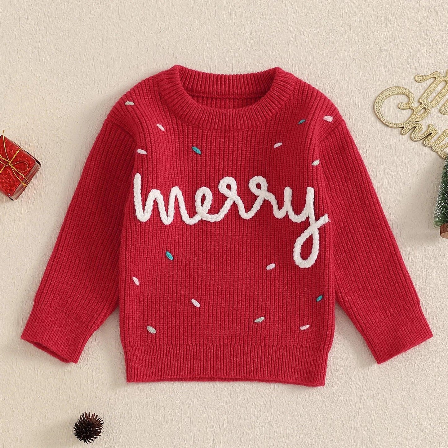 FOCUSNORM 0-3Y Winter Baby Girls Christmas Sweaters Xmas Letter Embroidered Long Sleeve Round Neck Ribbed Knitted Pullover - petguardiansupplies