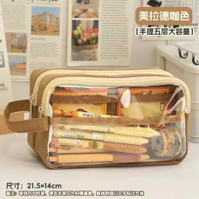 Simplicity Pencil Case for Kid Fashion Korean Solid Color Pencil Pouch Transparent Large Capacity Stationery Bag School Supplies - petguardiansupplies