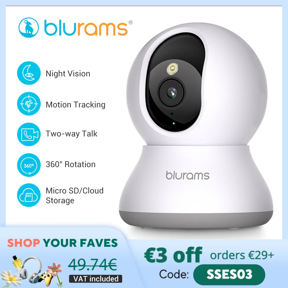 Blurams 2.4＆5G WiFi Indoor Camera, 2K, 360° PTZ Pet Dog IP CCTV Camera with Phone App, 2-Way Talk, Night Vision, for Home Securi - petguardiansupplies