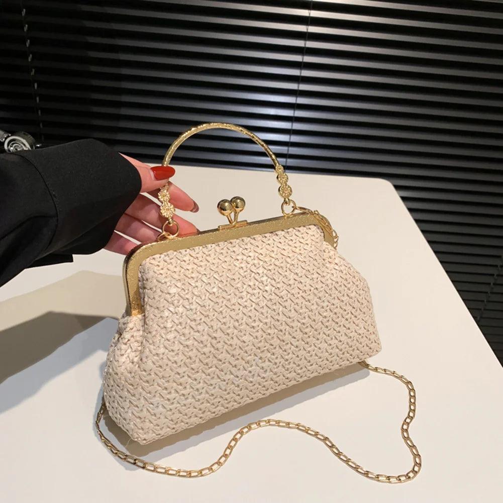 Summer Beach Straw Bags Exquisite Gold Chain Party Banquet Purse Hand Woven Handbag Female Clutch Bag Shoulder Crossbody Bags - petguardiansupplies