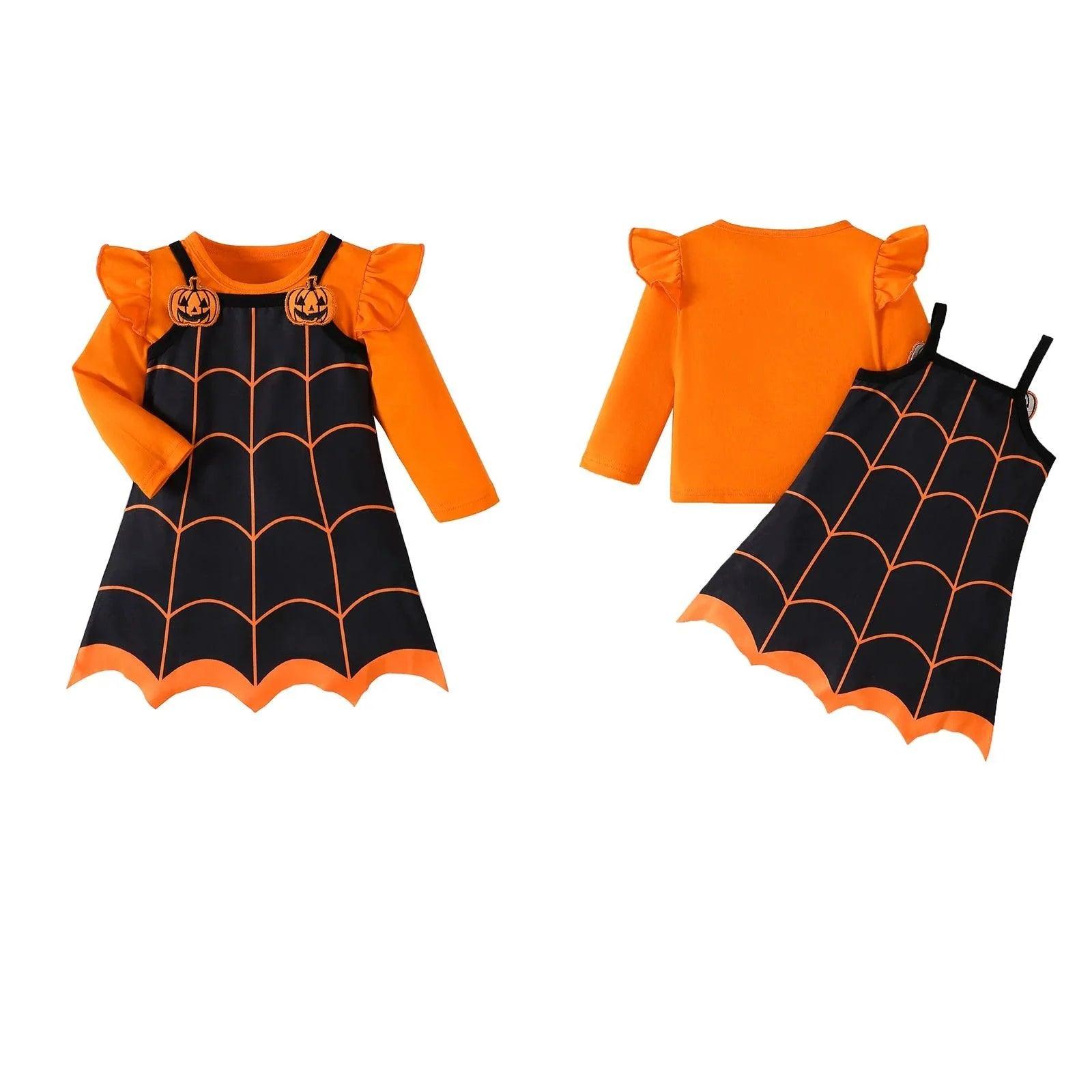 FOCUSNORM 0-4Y Autumn Little Girls Halloween Clothes Sets Outfit Long Sleeve Solid Tops and Pumpkin Patch Suspender Dress - petguardiansupplies