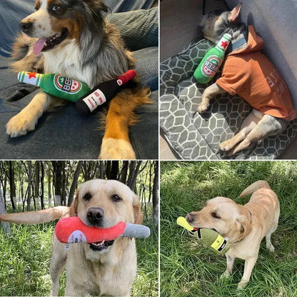 Funny Plush Dog Toys Beer Bottle Shaped Small Large Dogs Squeak Sound Clean Teeth Chew Toy Pets Interactive Playing Supplies - petguardiansupplies