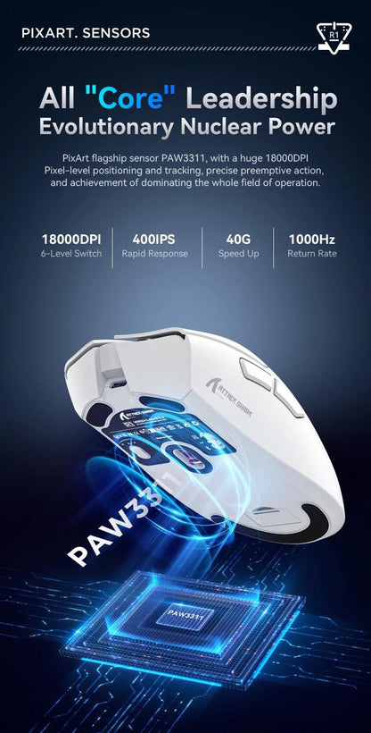 Attack Shark R1 Tri-Mode 2.4g-BT-Wired, PAW3311 18000DPI, 59g Lightweight Gaming Mouse - petguardiansupplies