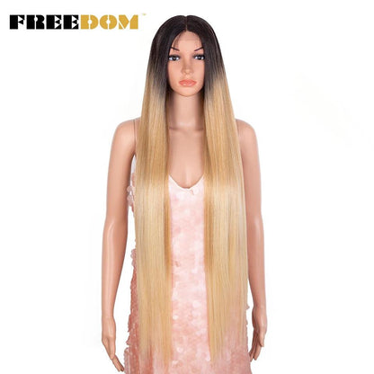 FREEDOM Synthetic Lace Front Wigs For Women Super Long 38Inch Ombre Blonde Highlight Ginger Straight Lace Wigs Cosplay Wigs - petguardiansupplies