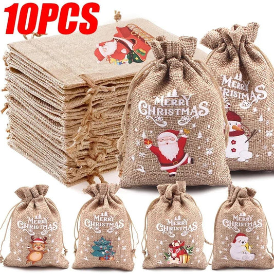 1/10PCS Christmas Linen Drawstring Bags Candy Biscuits Pouchs Burlap Bracelet Jewelry Storage Bags Xmas Kids Gift Packaging Bags - petguardiansupplies