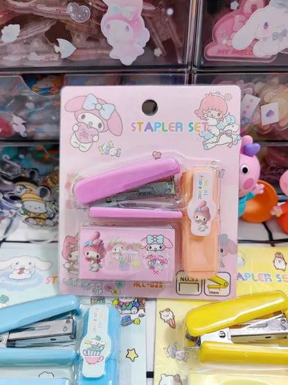 Sanrio Kuromi Cinnamoroll Melody Mini Stapler Highlighter Set Student Office Small Stapler Kawaii School Supplies Stationery Set - petguardiansupplies