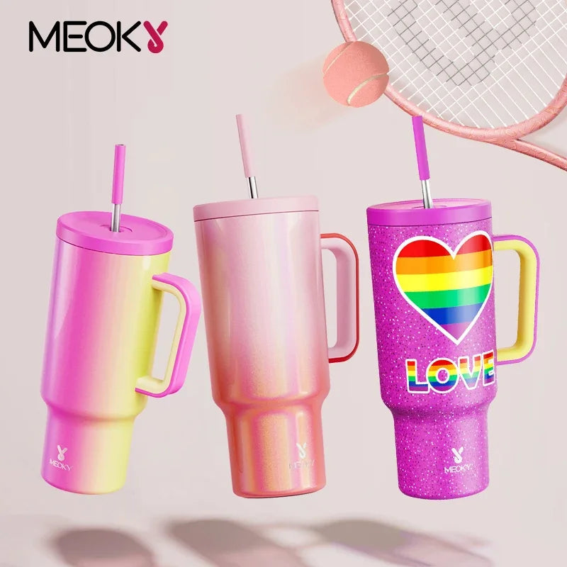 Meoky 40oz Tumbler Handle Straw Multiple Prints Stainless Steel Bottle Thermos Coffee Cup Portable Vacuum Insulated Car Mug Gift - petguardiansupplies