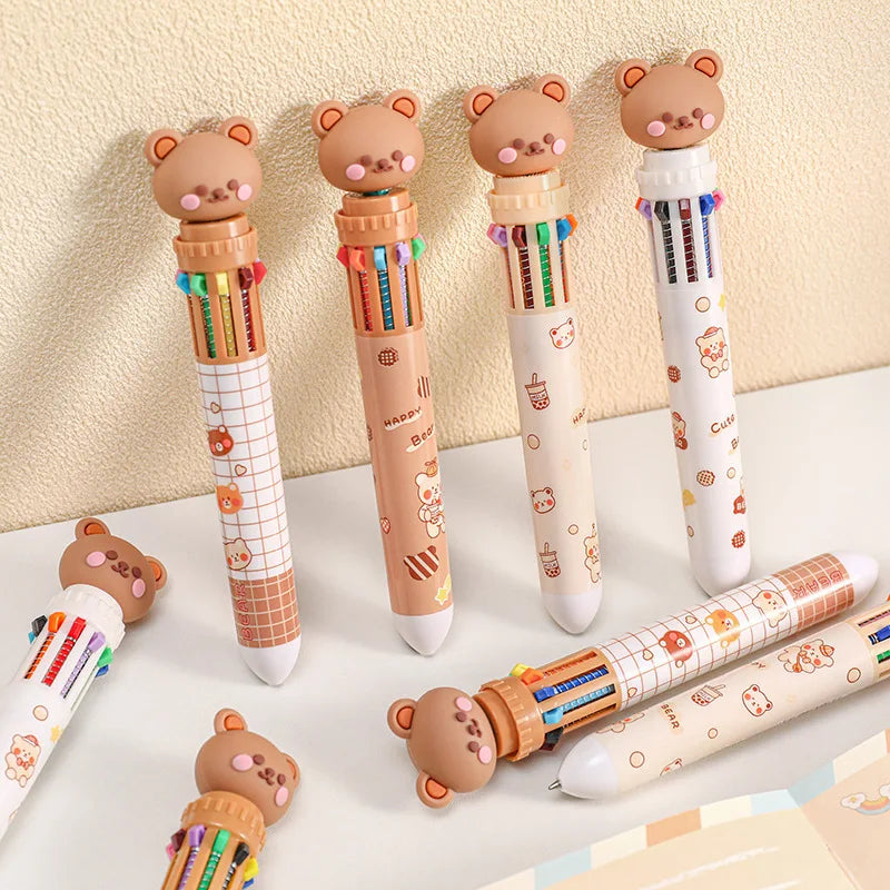 10 Colors Ballpoint Pen Cartoon Bear 0.5mm Colorful Ink Gel Pens Silicone Kawaii Pens School Office Supplies Korean Stationery - petguardiansupplies