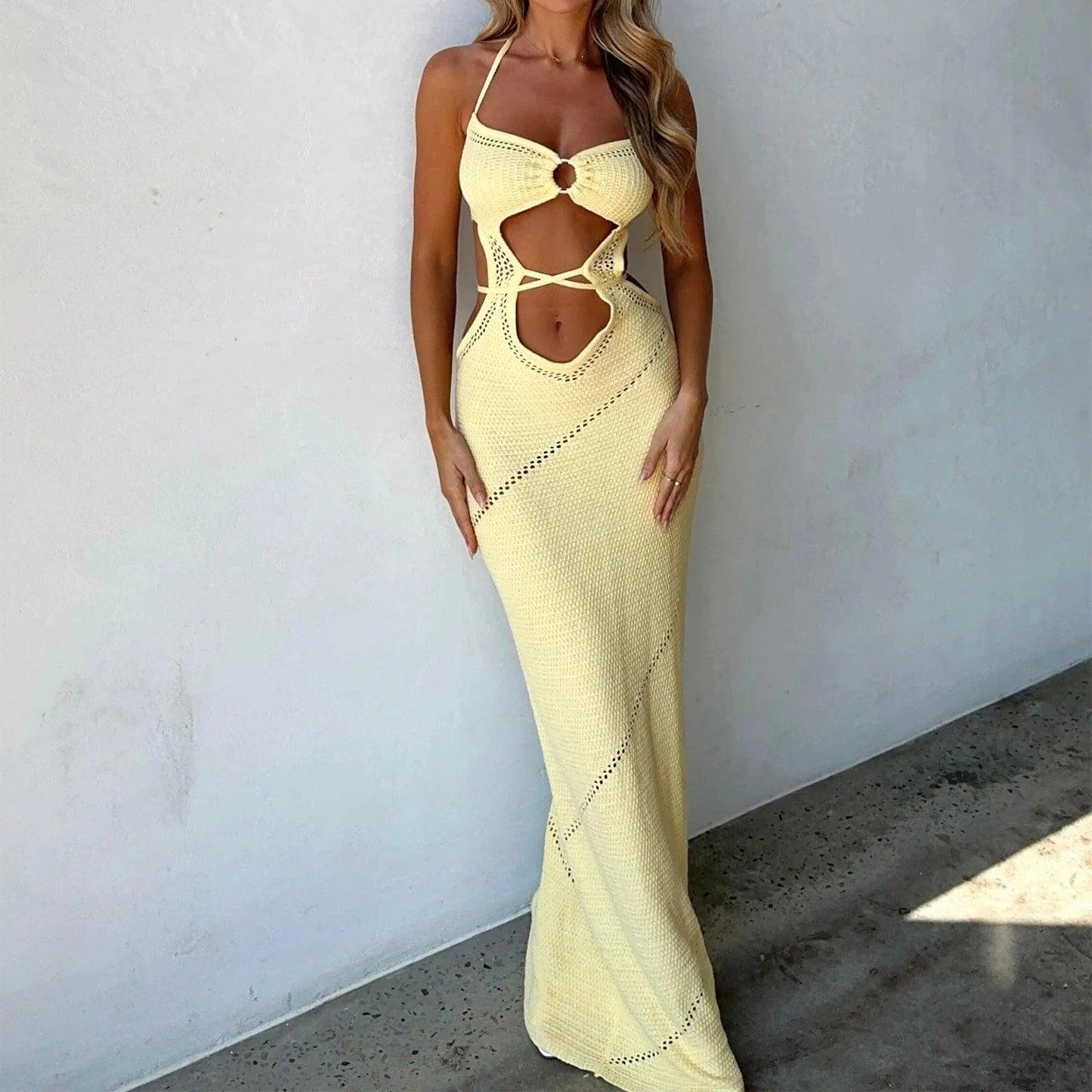 hirigin Chic Women's Sleeveless Knit Long Dress Summer Spring Solid Color Halter Front Cutout Back Tie-Up Slim Maxi Dress Party - petguardiansupplies